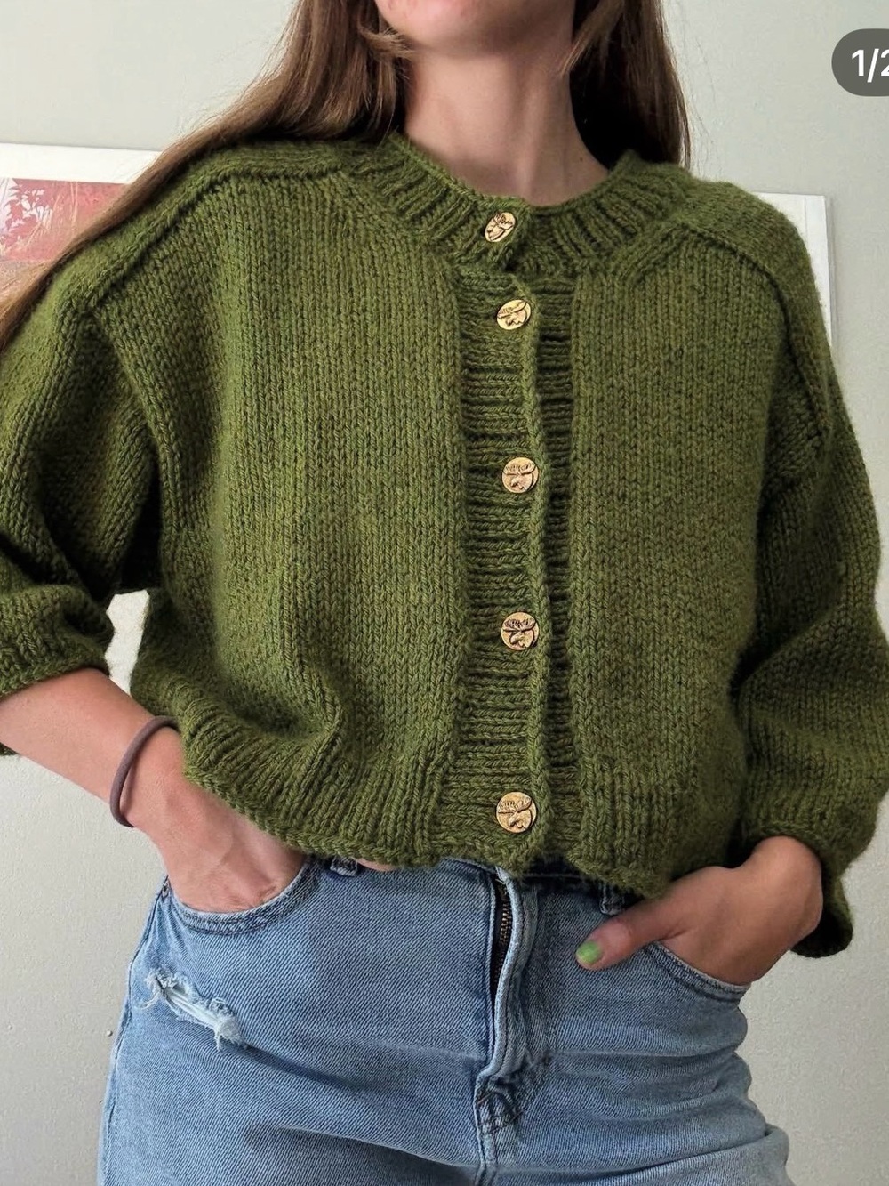 Olive Green Hand Knit by me Cardigan with Moose Buttons - Picture 1 of 4